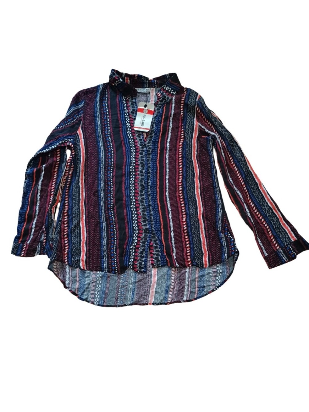 Big Dart Striped Long-Sleeve Blouse in Navy, Burgundy & Pink